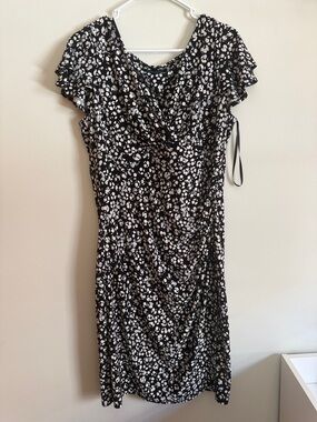 Ralph Lauren Black & White Printed Short Sleeve Draped Women's Dress size 14